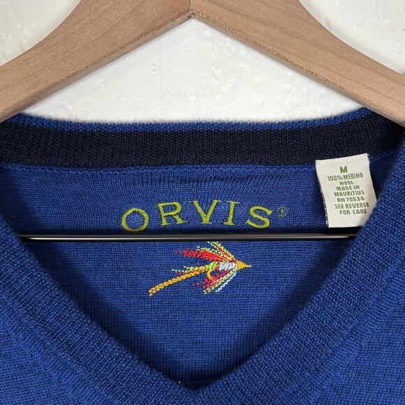 Orvis Men's Blue 100% Merino Wool V-Neck Long Sleeve Sweater Size Medium - Picture 3 of 3